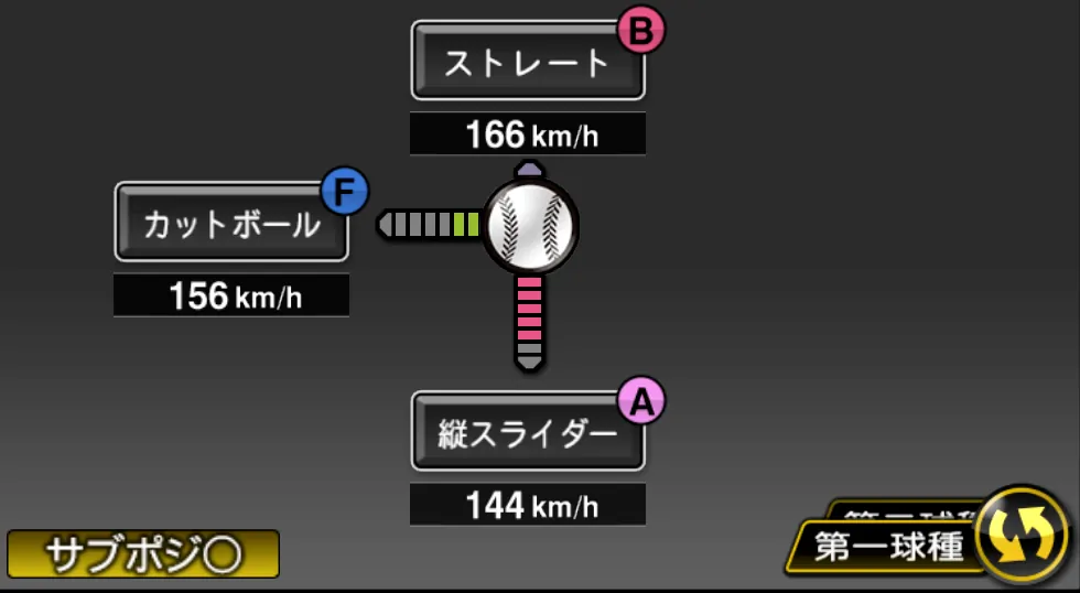 ビエイラの球種（ゲーム内の画面）