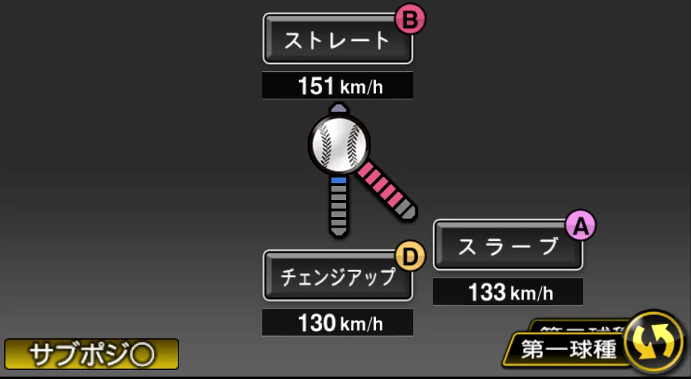 中川 皓太の球種（ゲーム内の画面）