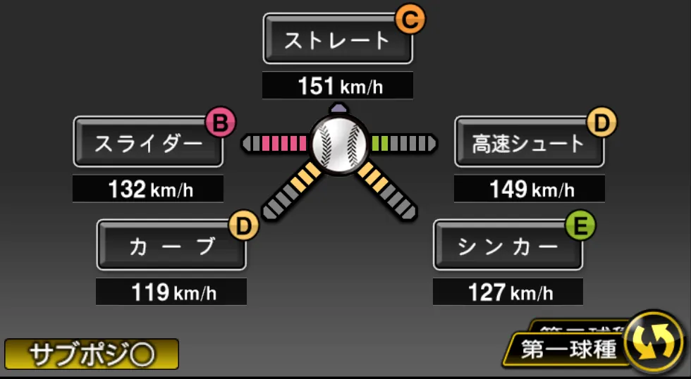 船迫 大雅の球種（ゲーム内の画面）