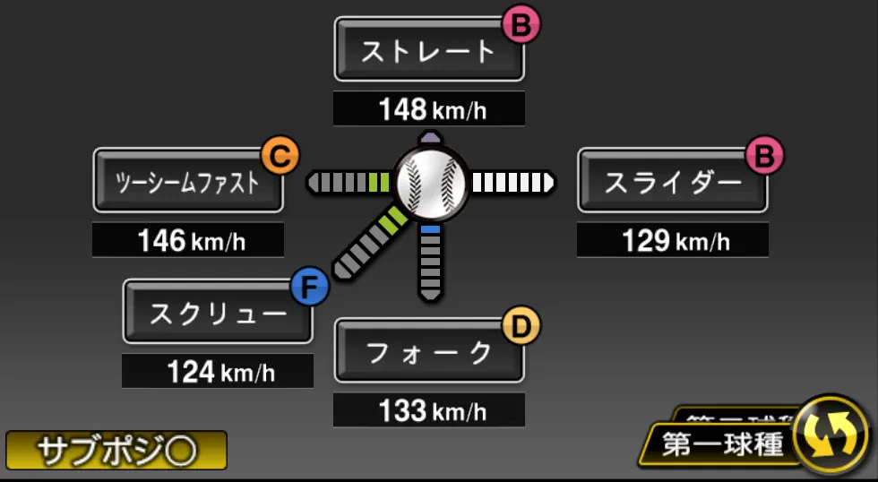 高梨 雄平の球種（ゲーム内の画面）