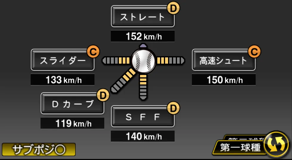 田中 瑛斗の球種(ゲーム内の画面)