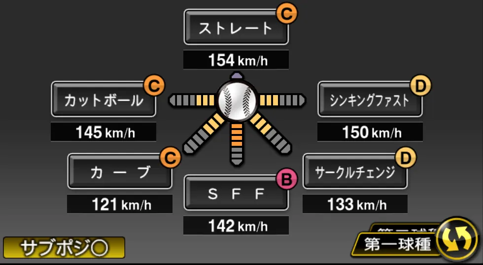赤星 優志の球種（ゲーム内の画面）