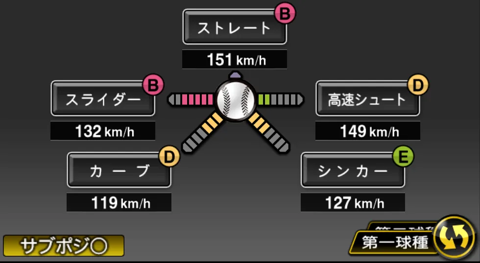 船迫 大雅の球種（ゲーム内の画面）