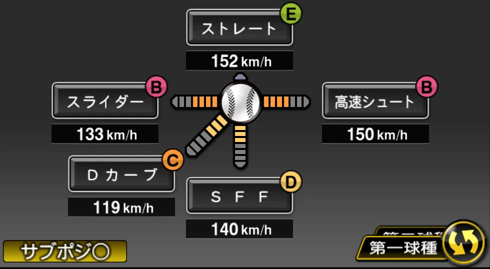 田中 瑛斗の球種（ゲーム内の画面）
