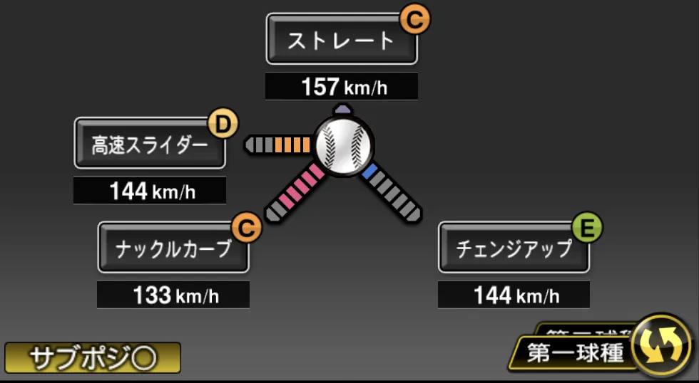 ウィットリーの球種（ゲーム内の画面）