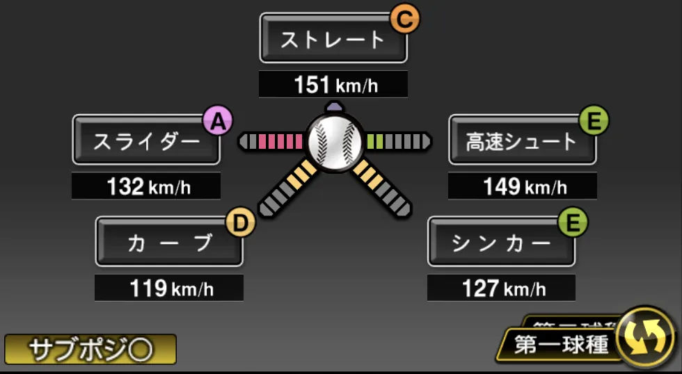 船迫 大雅の球種（ゲーム内の画面）