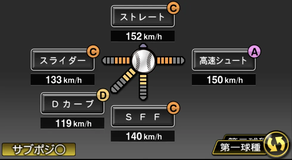 田中 瑛斗の球種（ゲーム内の画面）