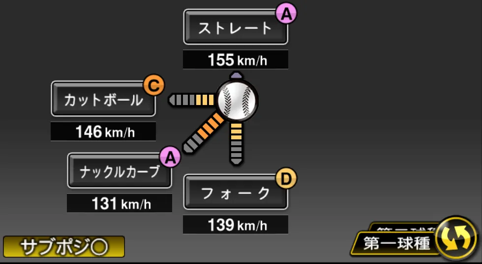 五十嵐 亮太の球種(ゲーム内の画面)