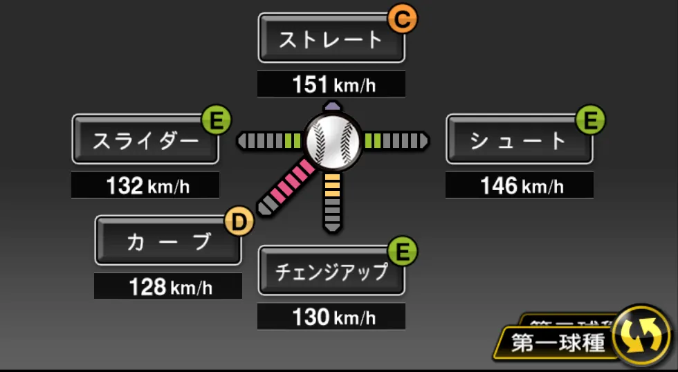 バリオスの球種（ゲーム内の画面）