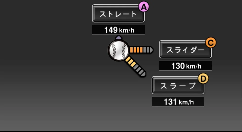 篠原 貴行の球種（ゲーム内の画面）