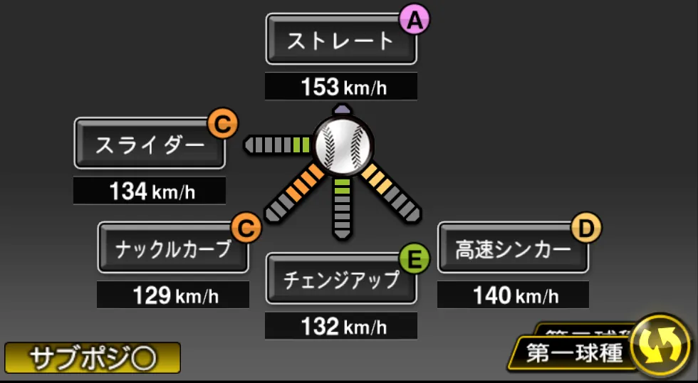 バンデンハークの球種（ゲーム内の画面）