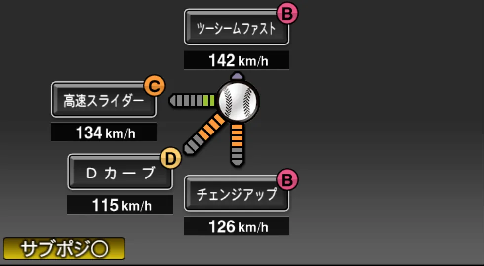 ホールトンの球種（ゲーム内の画面）