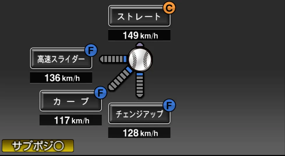 吉住 晴斗の球種（ゲーム内の画面）