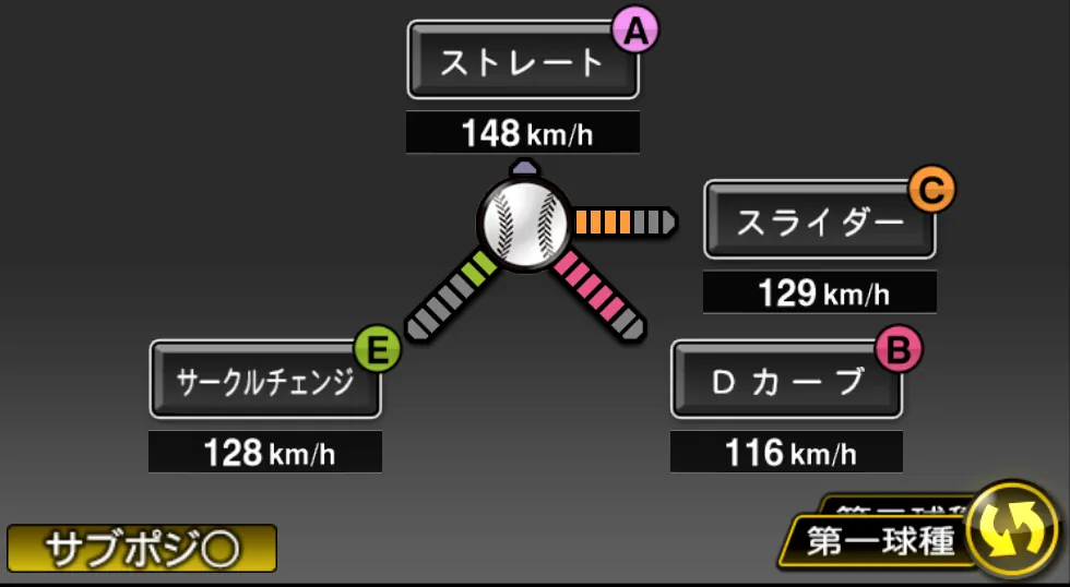 杉内 俊哉の球種（ゲーム内の画面）