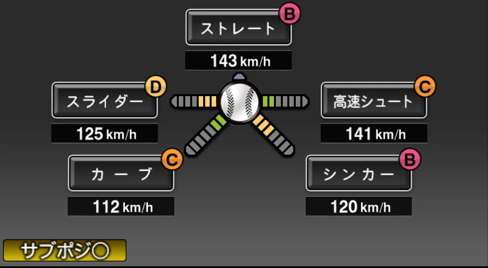 高橋 礼の球種（ゲーム内の画面）