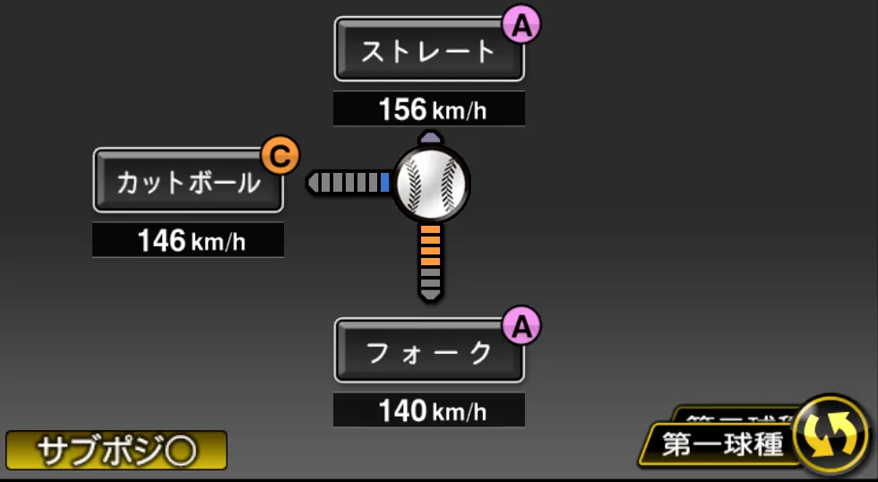 馬原 孝浩の球種（ゲーム内の画面）