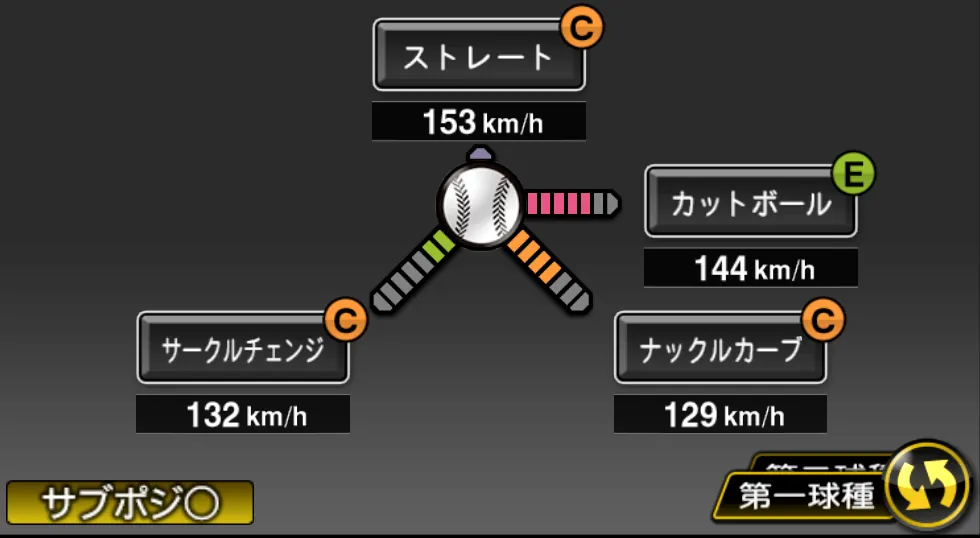 ムーアの球種（ゲーム内の画面）