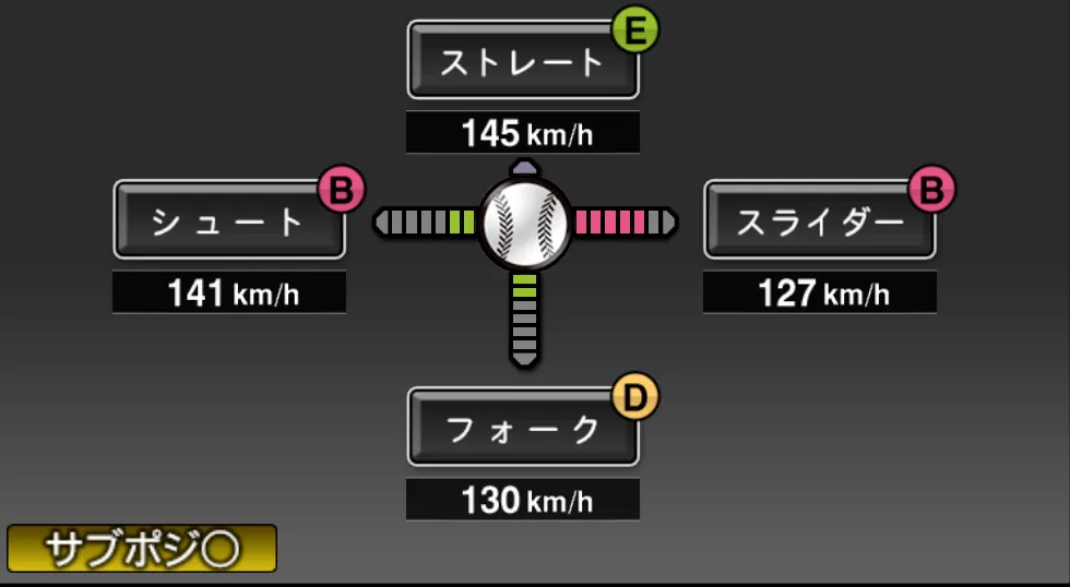 嘉弥真 新也の球種(ゲーム内の画面)