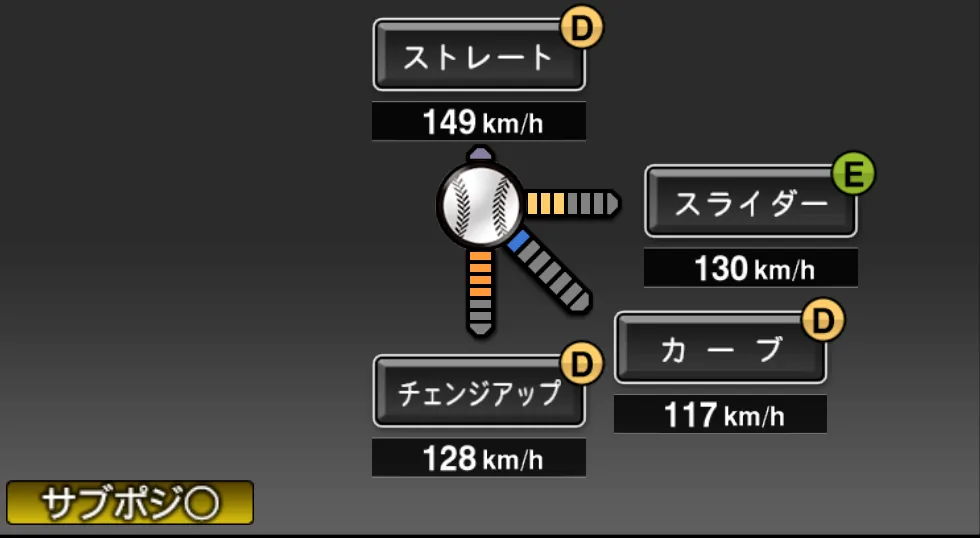 笠谷 俊介の球種（ゲーム内の画面）