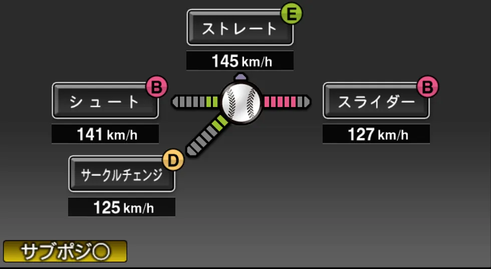 嘉弥真 新也の球種（ゲーム内の画面）