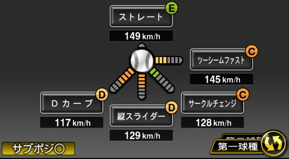 二保 旭の球種（ゲーム内の画面）
