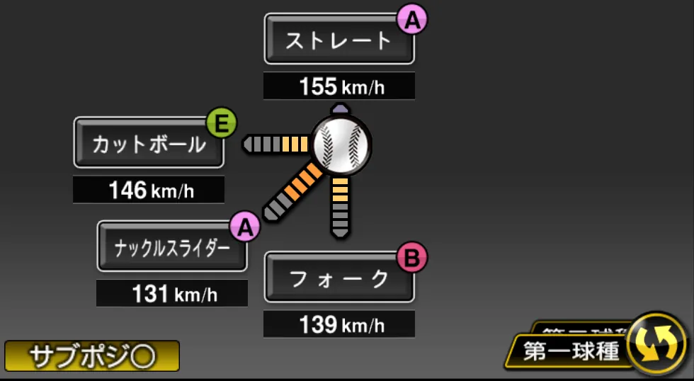 五十嵐 亮太の球種(ゲーム内の画面)