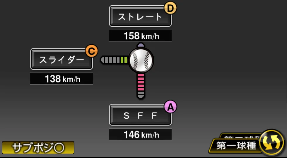 甲斐野 央の球種(ゲーム内の画面)