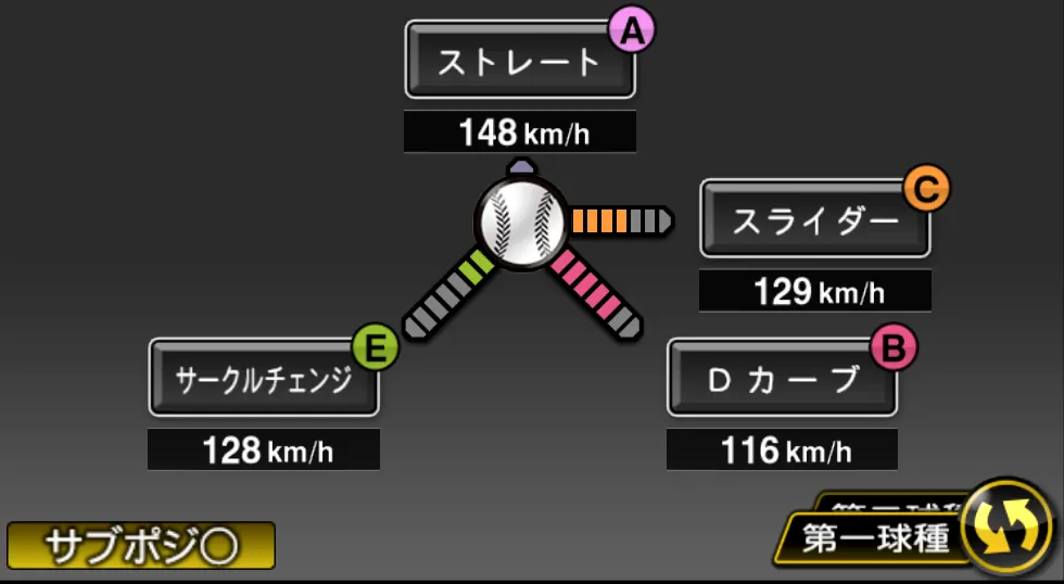杉内 俊哉の球種（ゲーム内の画面）