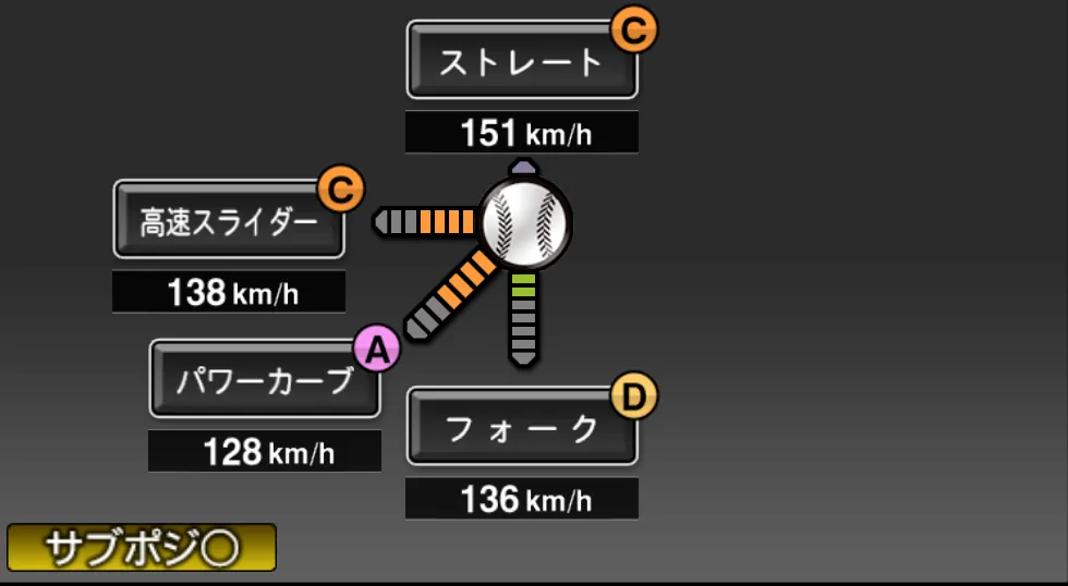 石川 柊太の球種（ゲーム内の画面）