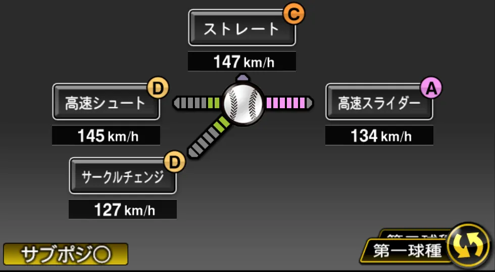 嘉弥真 新也の球種（ゲーム内の画面）