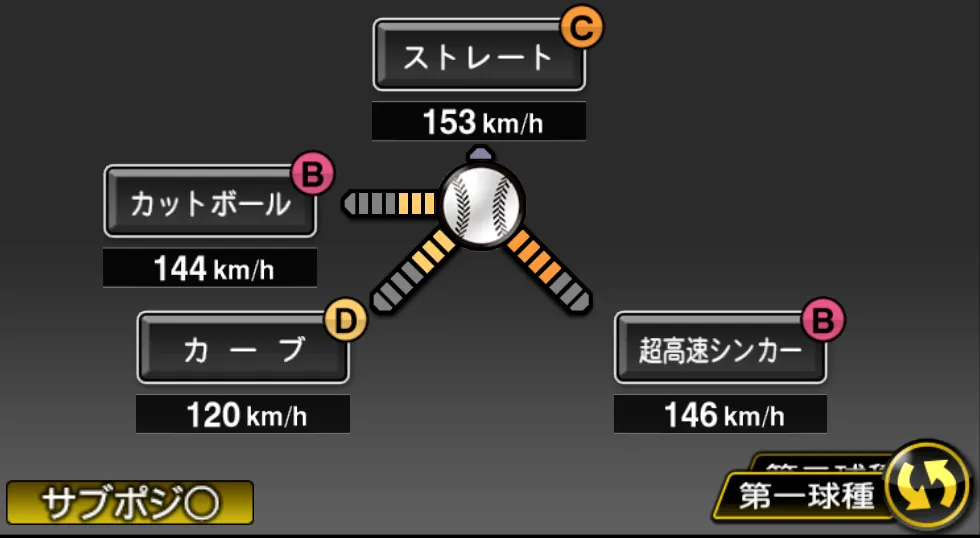東浜 巨の球種（ゲーム内の画面）