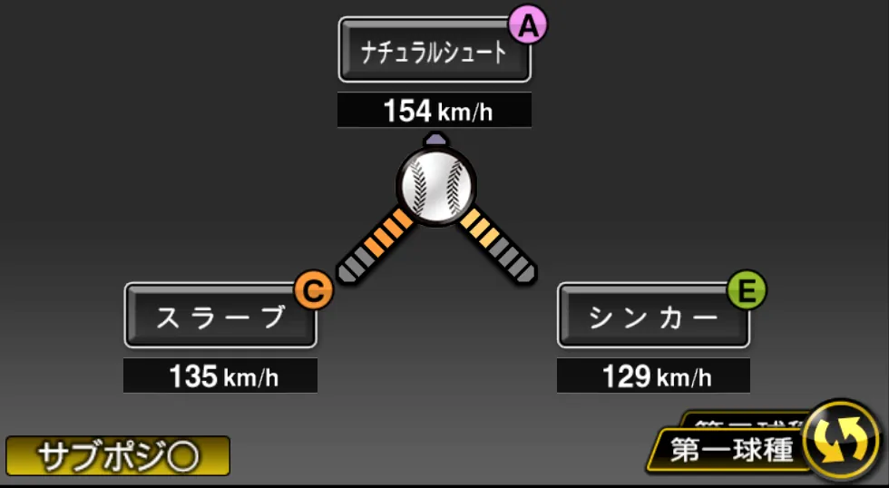 津森 宥紀の球種（ゲーム内の画面）