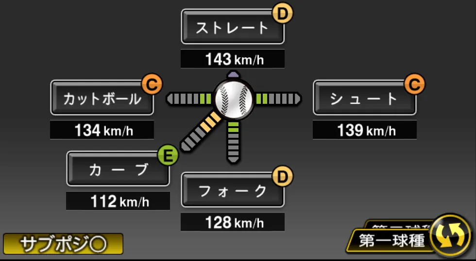 若田部 健一の球種（ゲーム内の画面）