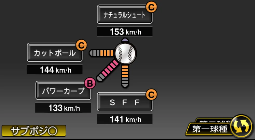 石川 柊太の球種（ゲーム内の画面）