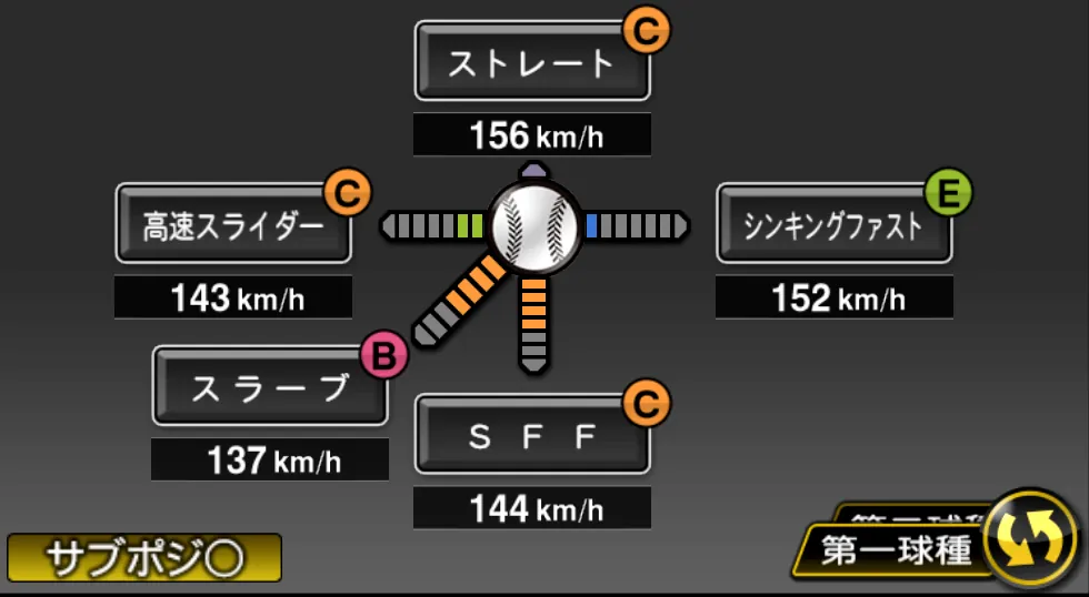 松本 裕樹の球種（ゲーム内の画面）