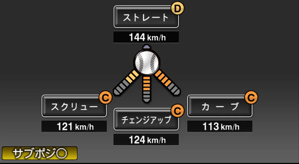 村上 雅則の球種（ゲーム内の画面）