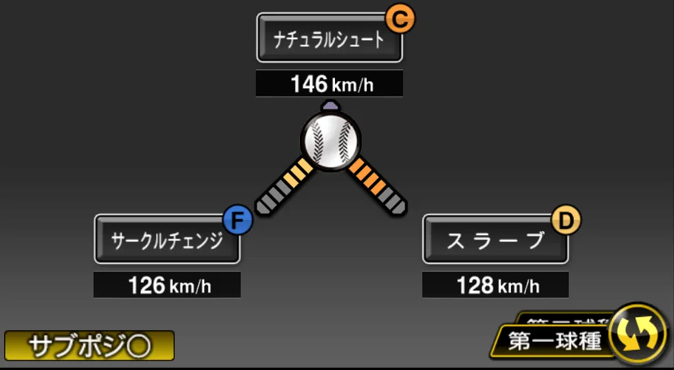 長谷川 威展の球種（ゲーム内の画面）