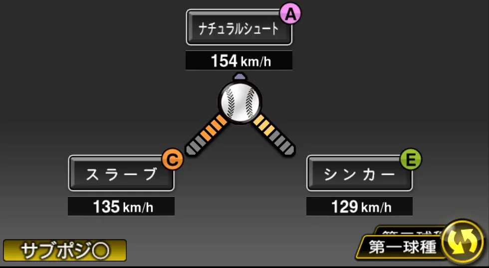 津森 宥紀の球種（ゲーム内の画面）