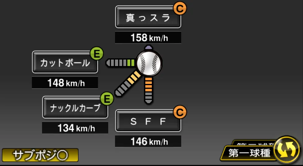 杉山 一樹の球種（ゲーム内の画面）