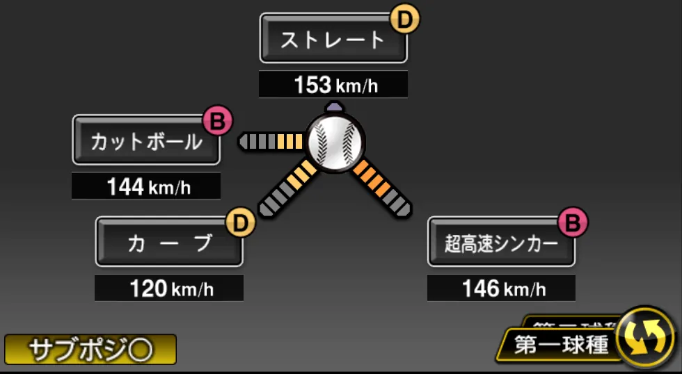 東浜 巨の球種（ゲーム内の画面）
