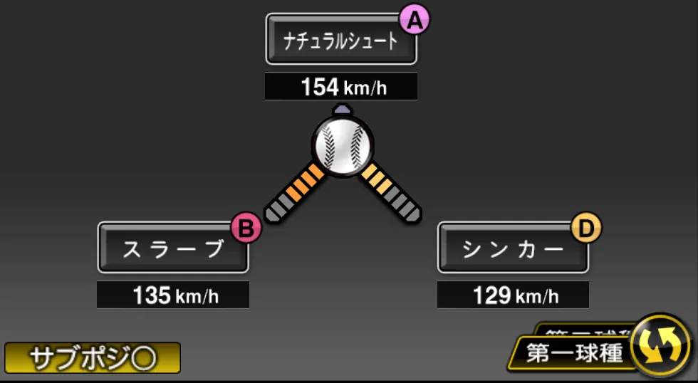 津森 宥紀の球種（ゲーム内の画面）