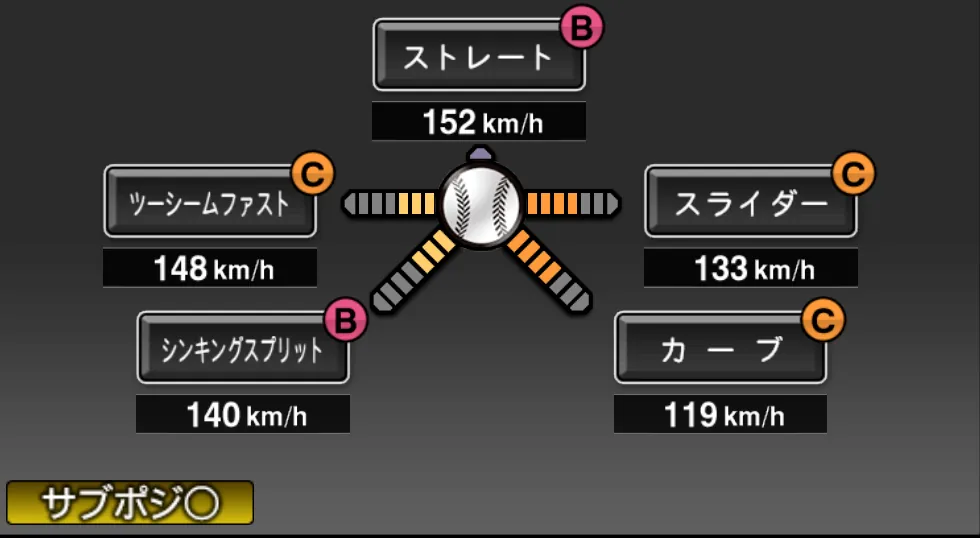 大関 友久の球種(ゲーム内の画面)