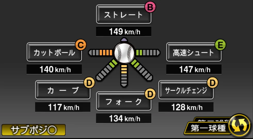 上茶谷 大河の球種（ゲーム内の画面）