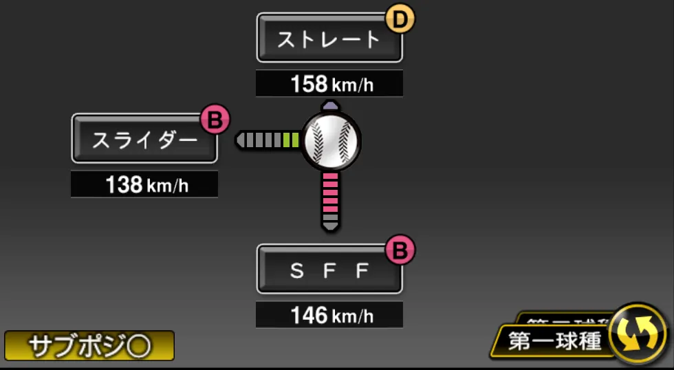 甲斐野 央の球種（ゲーム内の画面）