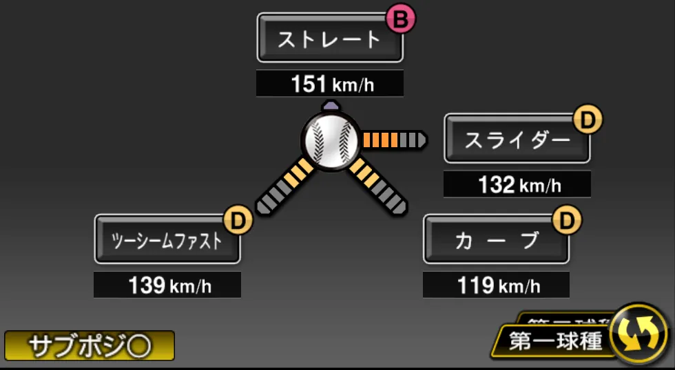 松本 晴の球種（ゲーム内の画面）