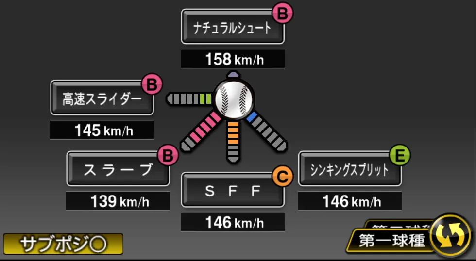 松本 裕樹の球種(ゲーム内の画面)