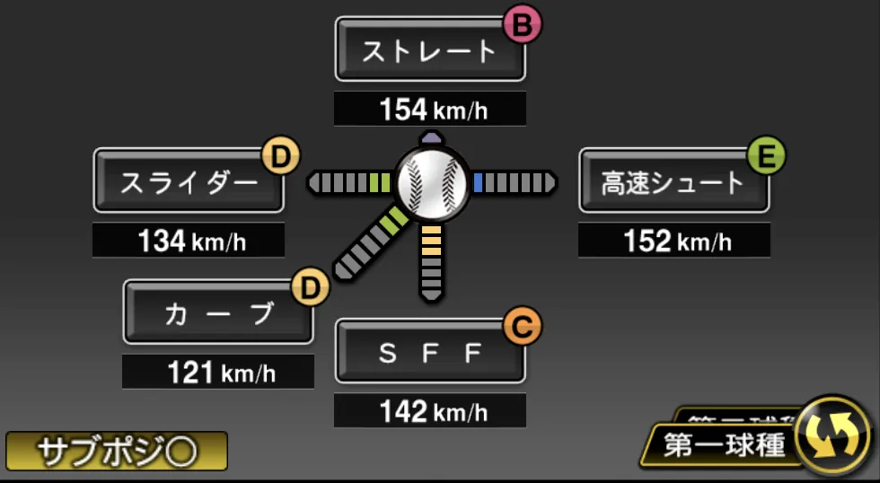 木村 光の球種（ゲーム内の画面）