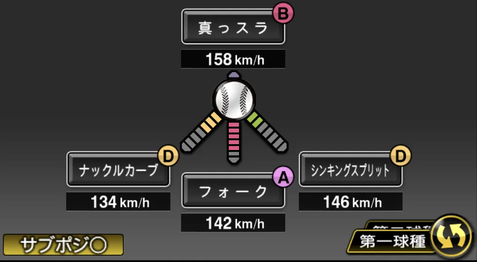 杉山 一樹の球種（ゲーム内の画面）