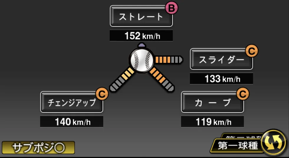 松本 晴の球種（ゲーム内の画面）