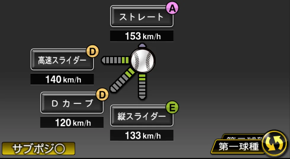 増田 達至の球種（ゲーム内の画面）